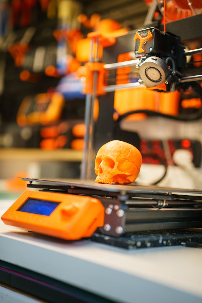 journey A close-up of an orange 3D printed skull on a 3D printer, showcasing modern technology in a workshop setting.